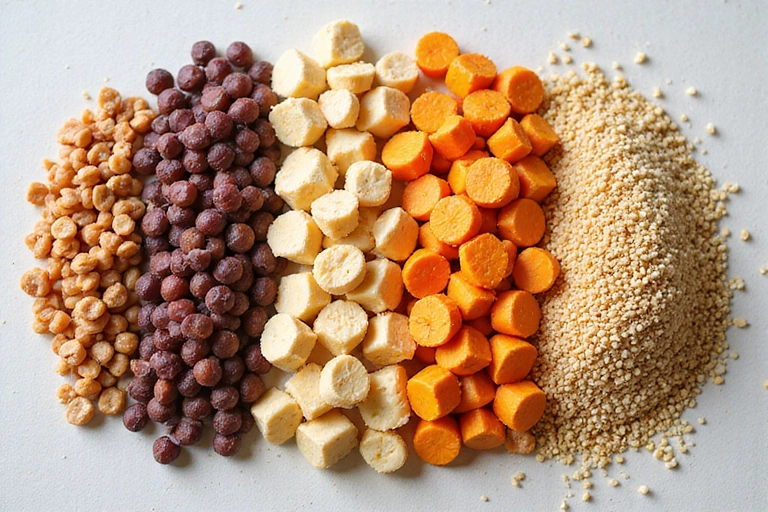 A variety of colorful plant-based protein sources like lentils, chickpeas, tofu, and quinoa, arranged aesthetically on a light background.